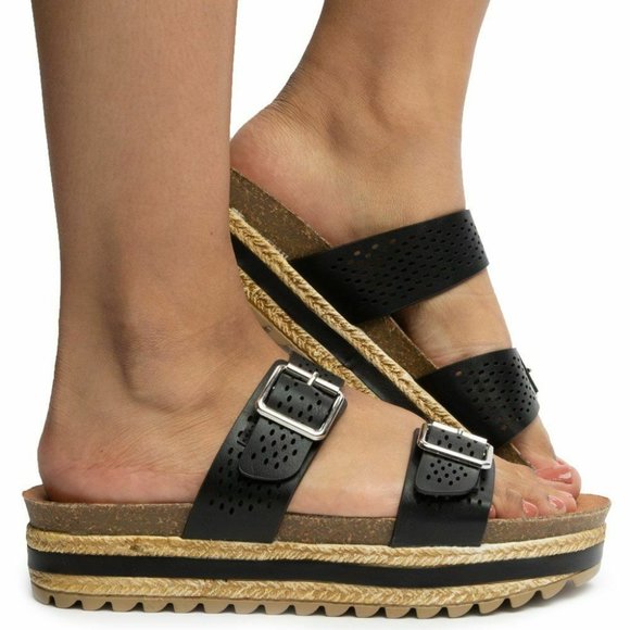 Womens Bamboo Platform flatform Black Two Strap buckle Slide Sandals Size 6.5 - Picture 1 of 4